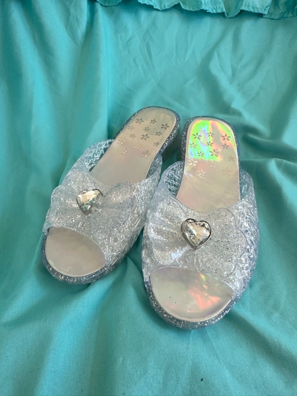 Clear Glitter Heart Bow Jelly Slide Sandals - Silver Iridescent